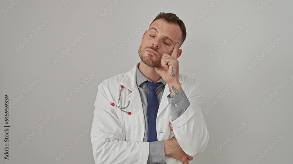 Thoughtful male doctor in white coat over isolated background, pondering with hand on chin and stethoscope around neck Thoughtful male doctor in white coat over isolated background, pondering with hand on chin and stethoscope around neck