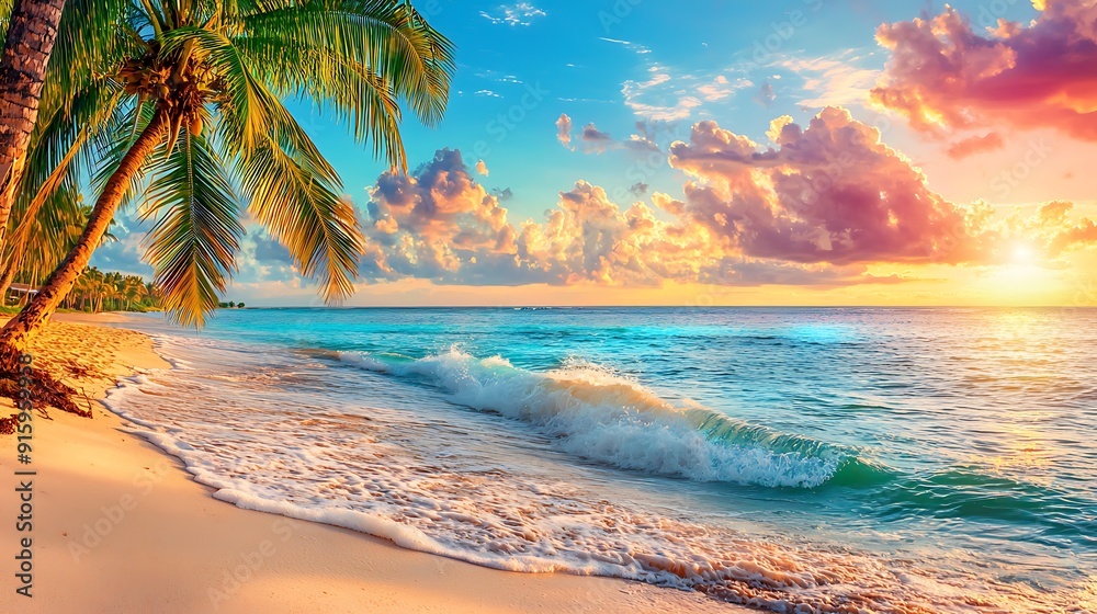 Golden hour paints the sky with vibrant hues as the sun dips below the horizon, casting long shadows on the tropical paradise's pristine sand Golden hour paints the sky with vibrant hues as the sun dips below the horizon, casting long shadows on the tropical paradise's pristine sand