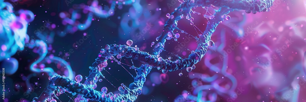 Close-up view reveals intricate cellular structures, prominently featuring nuclei and intertwined strands of DNA within a vibrant background. Generative AI Close-up view reveals intricate cellular structures, prominently featuring nuclei and intertwined strands of DNA within a vibrant background. Generative AI