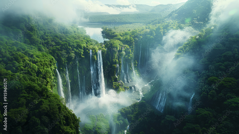 Majestic waterfall cascading into a lush, misty rainforest canyon.generative ai Majestic waterfall cascading into a lush, misty rainforest canyon.generative ai