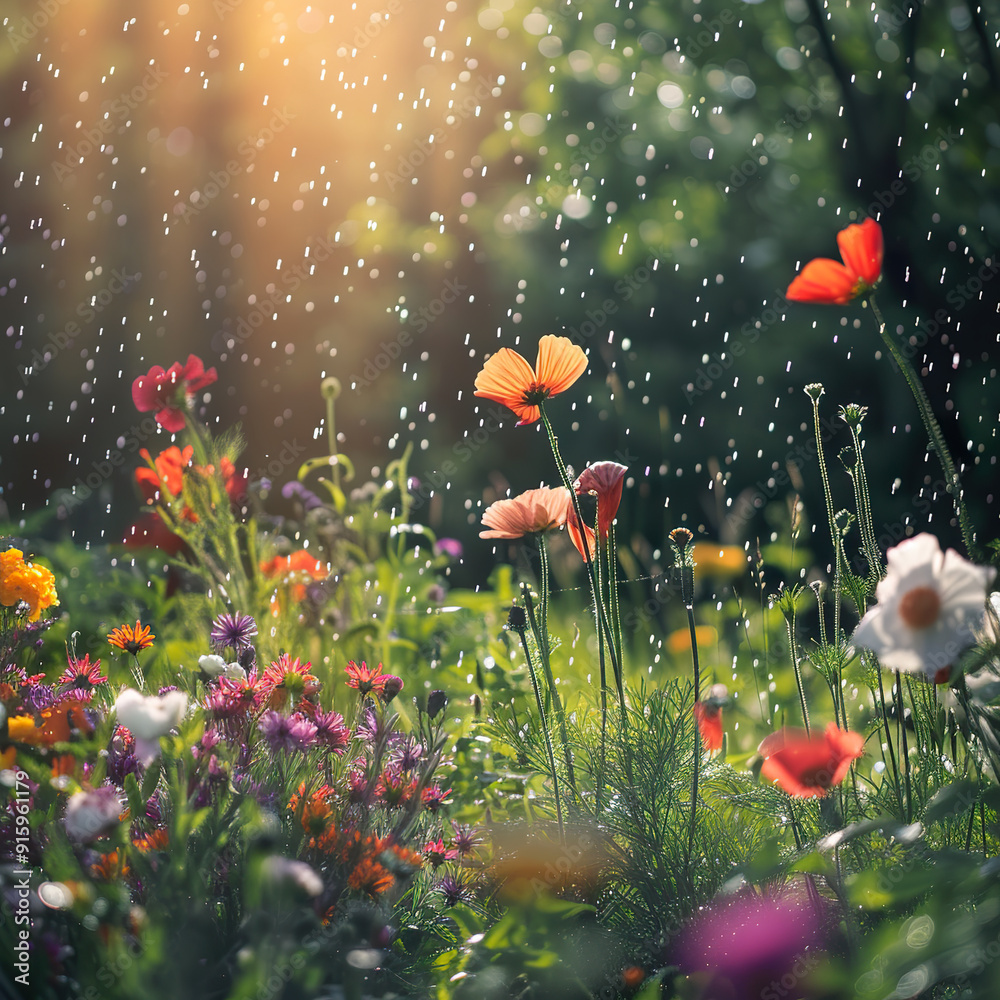 Obraz premium Colorful Flowers in a Garden with Rain and Sunlight.
