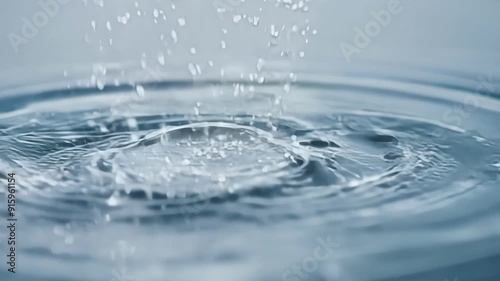 A slow motion clip capturing the moment a raindrop hits the water and creates a rippling effect slowly spreading outwards. photo