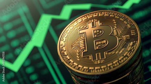 Bitcoin value rising up with many green arrow in background BTC crypto prices grow up Concept . Crypto chart rise up. cryptocurrency value new high bull market concept