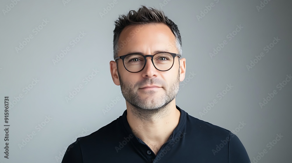 Obraz premium Professional headshot of a creative director, modern glasses, neutral-toned background, engaging and confident