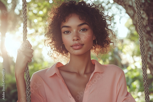 A model wearing a solid pastel pink shirt, sitting on a swing in a peaceful, tree-filled park. photo