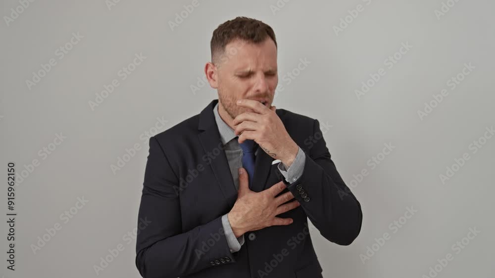 Young hispanic man wearing suit, coughing and looking unwell with cold or bronchitis symptoms - health care concept over isolated white background Young hispanic man wearing suit, coughing and looking unwell with cold or bronchitis symptoms - health care concept over isolated white background