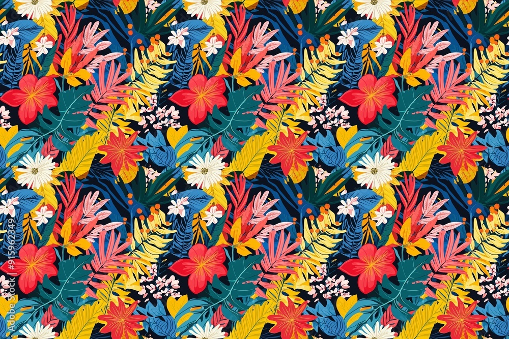 Fototapeta premium Colorful tropical pattern with lush leaves and vibrant exotic flowers