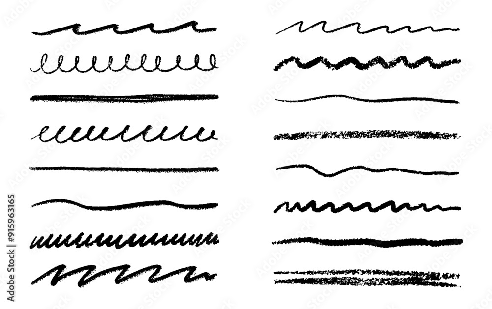 Chalk lines, charcoal highlight strokes doodle set. Pencil underlines, kids crayon strips, brush line in sketch style. Grunge texture. Hand drawn vector illustration isolated on white background Chalk lines, charcoal highlight strokes doodle set. Pencil underlines, kids crayon strips, brush line in sketch style. Grunge texture. Hand drawn vector illustration isolated on white background