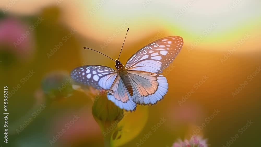 A closeup of a butterfly sipping nectar through its brightly colored proboscis with its wings fluttering in the background. A closeup of a butterfly sipping nectar through its brightly colored proboscis with its wings fluttering in the background.