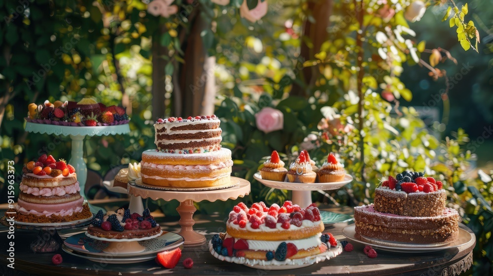 Outdoor table with cakes. Outdoor table with cakes.
