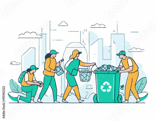 Plastic pollution problem concept. People collecting and sorting plastic trash into recycling garbage bin. Outline design style minimal vector illustration for landing page