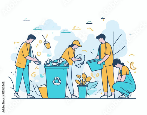 Plastic pollution problem concept. People collecting and sorting plastic trash into recycling garbage bin. Outline design style minimal vector illustration for landing page