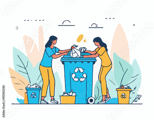 Plastic pollution problem concept. People collecting and sorting plastic trash into recycling garbage bin. Outline design style minimal vector illustration for landing page