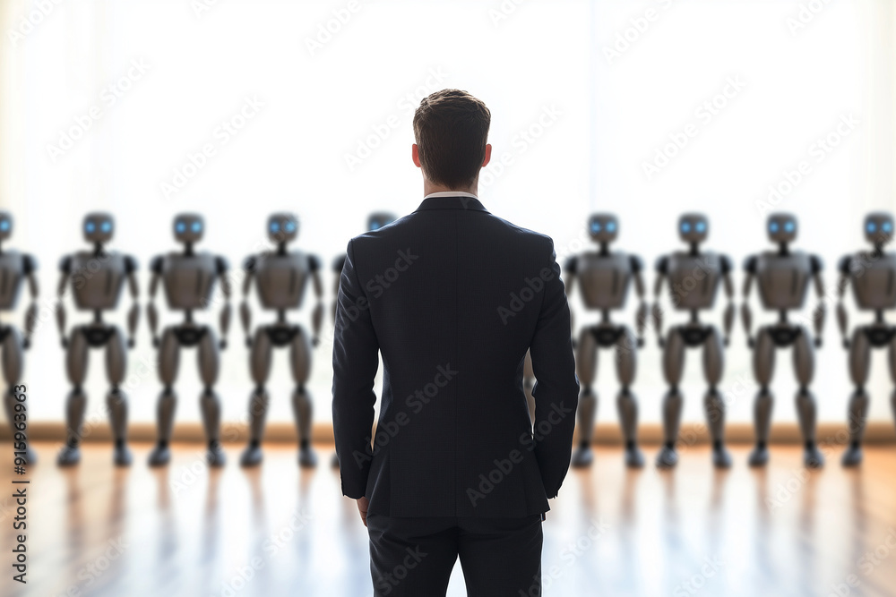 A man in a suit stands before a row of humanoid robots, suggesting a futuristic scenario. A man in a suit stands before a row of humanoid robots, suggesting a futuristic scenario.