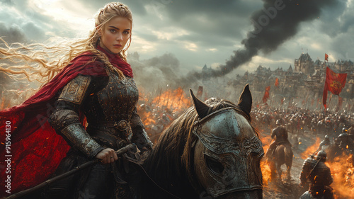 Warrior princess on armored horse, spear ready, amidst chaotic battle.generative ai