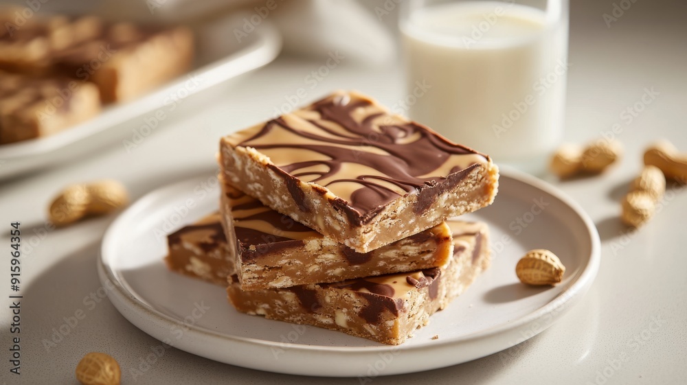 Close-up of rich and creamy peanut butter bars with chocolate swirls on a white plate, glass of milk beside, warm and homely kitchen setting, light background, stock concept.