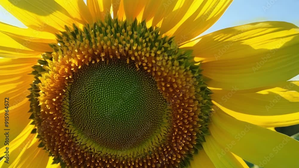 Zoomed in on a sunflowers vibrant yellow petals glistening in the sunlight as it turns its head to face the suns warm rays.