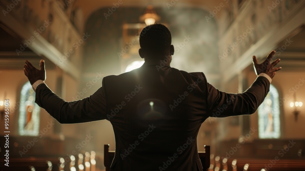 Church prayer, Christian and priest with black man for holy spirit and ...