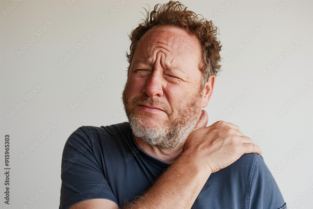 A man grimacing while holding his shoulder, indicating discomfort or pain. A man grimacing while holding his shoulder, indicating discomfort or pain.