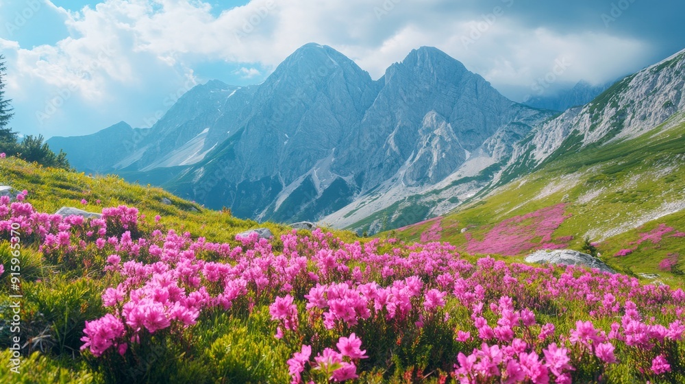 a stunning alpine scene in the Austrian region of Schladming-Dachstein featuring pink flowers (Styria, Austria) a stunning alpine scene in the Austrian region of Schladming-Dachstein featuring pink flowers (Styria, Austria)