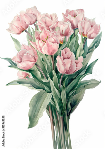 A bouquet of pink tulips with lush green leaves, beautifully arranged for decoration.