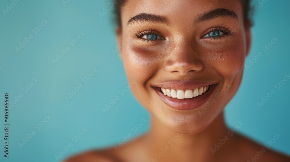Dental, wellness, and a smiling woman at a studio for natural mouth hygiene. Healthy, veneers, and closeup of attractive woman with white teeth on blue background. Dental, wellness, and a smiling woman at a studio for natural mouth hygiene. Healthy, veneers, and closeup of attractive woman with white teeth on blue background.
