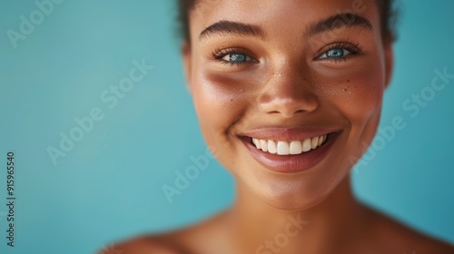 Dental, wellness, and a smiling woman at a studio for natural mouth hygiene. Healthy, veneers, and closeup of attractive woman with white teeth on blue background.