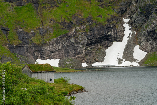 aerial view over Massvassbu area in the fjord of Andalsnes in Norway on a cold summer day - paradise for hikers photo