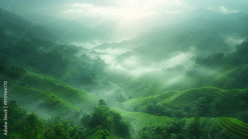 Obraz premium china rice terraces are shown in aerial view,generative ai