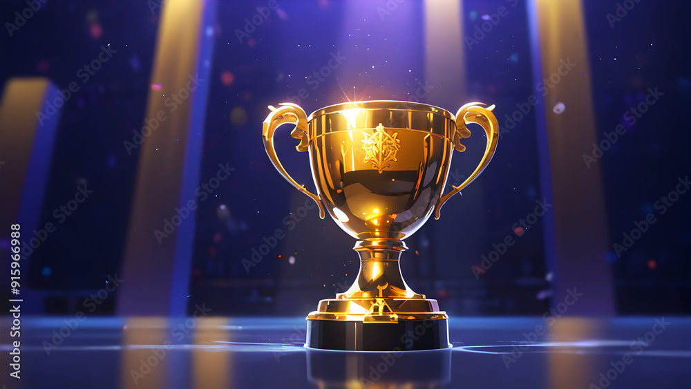 A golden trophy with its reflective surface catching light, set against a gradient background of deep indigo fading to light lavender, creating a rich and elegant visual. A golden trophy with its reflective surface catching light, set against a gradient background of deep indigo fading to light lavender, creating a rich and elegant visual.