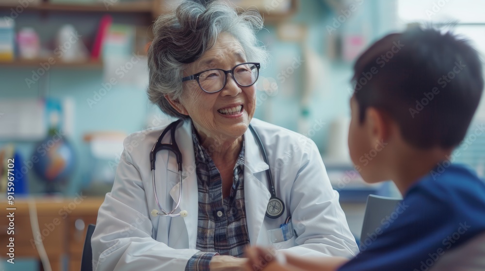 Obraz premium Hospital, healthcare, and wellness consultation with mature doctor, smiling, and mother with child. Help patient or check at clinic, cheerful pediatrician with kid in communication.