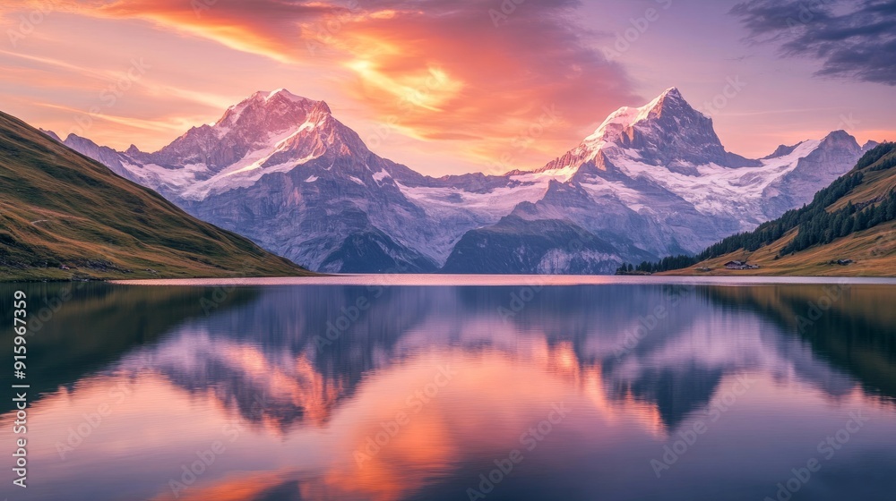 Dawn view over Bachalpsee Lake of the Bernese Alps. In the Grindelwald valley and the famous Swiss alpine location of the Eiger, Jungfrau, and Faulhorn Dawn view over Bachalpsee Lake of the Bernese Alps. In the Grindelwald valley and the famous Swiss alpine location of the Eiger, Jungfrau, and Faulhorn