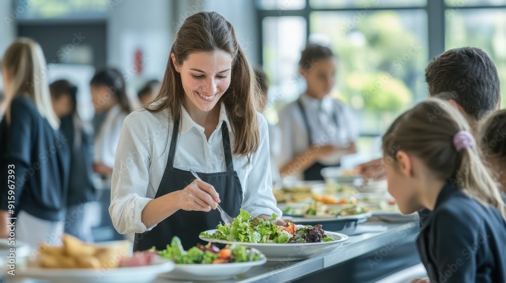 Warm and welcoming school cafeteria scene with a teacher serving lunch to students, natural light and vibrant colors in a bright, spacious setting.