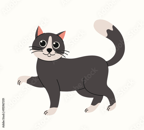 Cartoon black and white cat. Flat vector illustration.