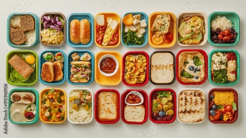 Culturally diverse selection of school lunches, presented in hd quality with vibrant colors and natural lighting, showcasing food styling from various regions.