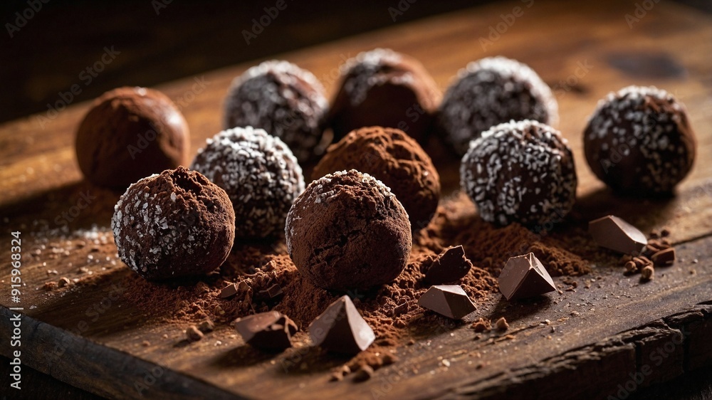 Hyper-Realistic Image of Artisan Chocolate Truffles with Glossy Surfaces and Decorative Cocoa Powder, Arranged on Rustic Wooden Board with Cacao Beans and Powdered Sugar, Warm Ambient Lighting Hyper-Realistic Image of Artisan Chocolate Truffles with Glossy Surfaces and Decorative Cocoa Powder, Arranged on Rustic Wooden Board with Cacao Beans and Powdered Sugar, Warm Ambient Lighting