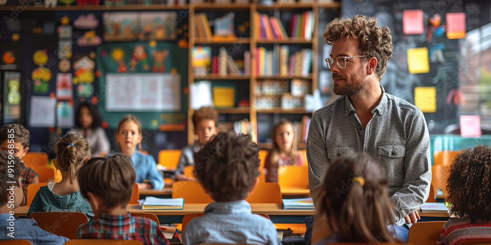 a modern teacher, standing in front of a class, in a modern school, teaching kids.generative ai a modern teacher, standing in front of a class, in a modern school, teaching kids.generative ai