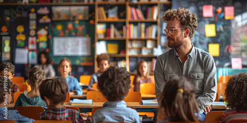 a modern teacher, standing in front of a class, in a modern school, teaching kids.generative ai