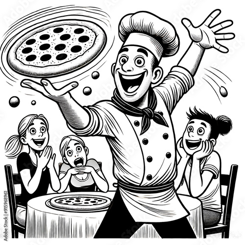 A pizza maker demonstrates his skills to his customers.