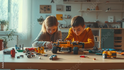 Unschooling siblings enthusiastically building a robot together, tools and components scattered on a spacious table, in a well-lit room, focused on STEM learning and teamwork.