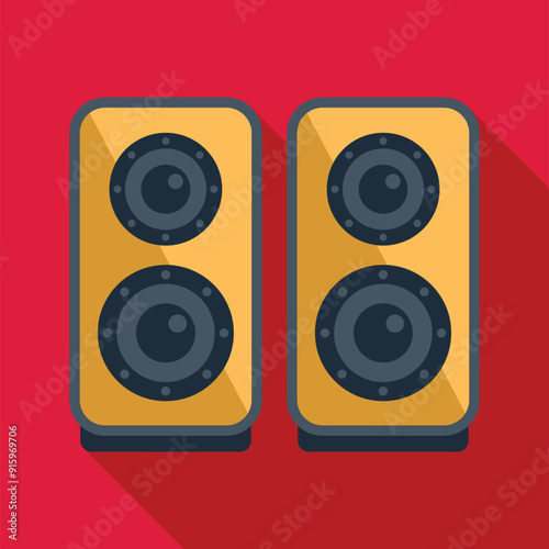 Two audio speakers standing on red background flat design illustration