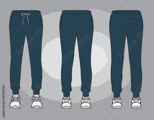 Jogger bottom Pants design flat sketch vector illustration, Track pants concept with front and back view, Sweatpants for running, jogging, fitness, and active wear pants design

