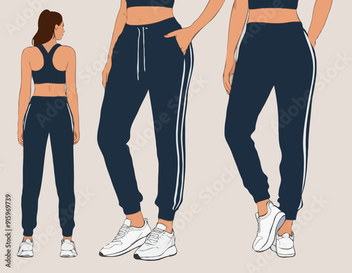 Jogger bottom Pants design flat sketch vector illustration, Track pants concept with front and back view, Sweatpants for running, jogging, fitness, and active wear pants design
