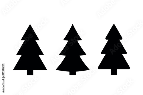 evergreen conifer black filled icon set, fir, spruce tree, set of three simple vector elements