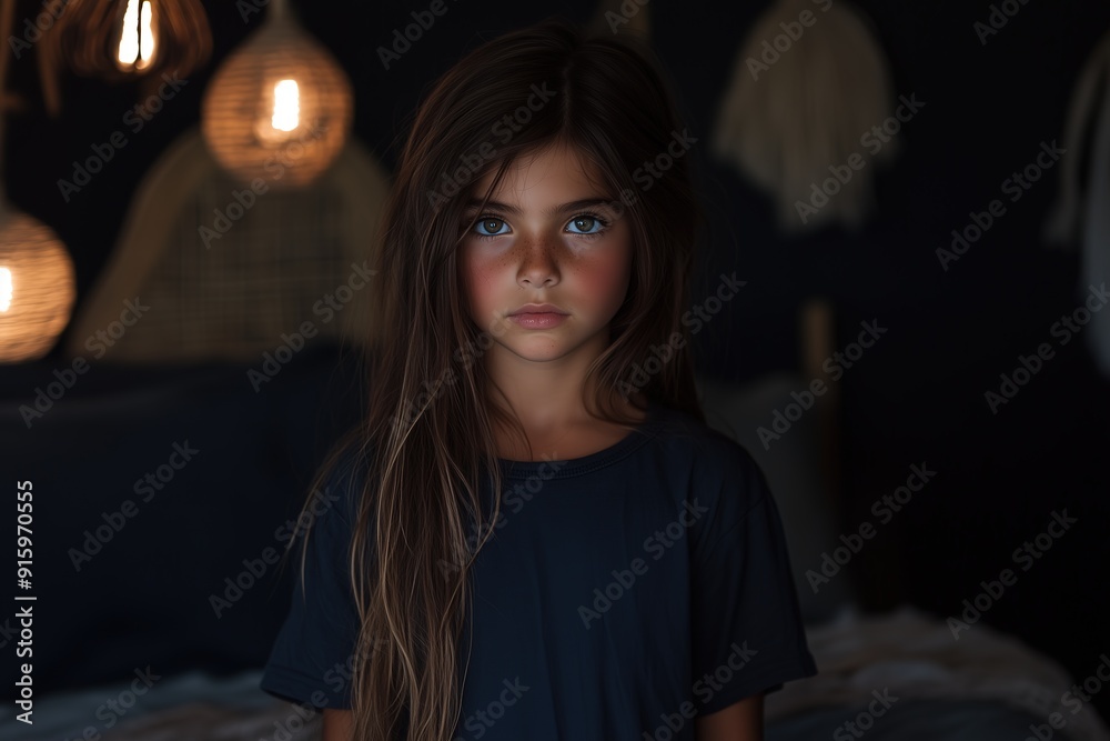 Caucasian girl with intense gaze standing in a dimly lit bedroom, deep and mysterious atmosphere Caucasian girl with intense gaze standing in a dimly lit bedroom, deep and mysterious atmosphere