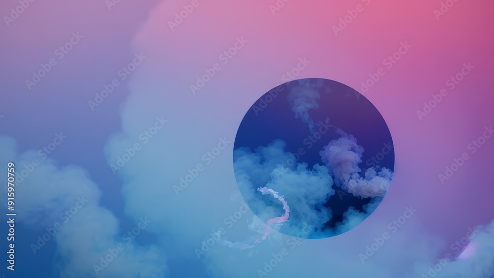 A circle of smoke and clouds with a blue sky in the background