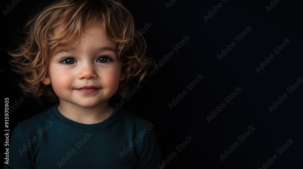 Toddler boy with curly hair and big eyes smiling softly against a dark background, innocent expression, space for text Toddler boy with curly hair and big eyes smiling softly against a dark background, innocent expression, space for text