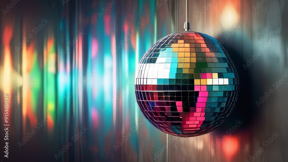 Obraz premium A disco ball is hanging from a wall, with a colorful light shining on it