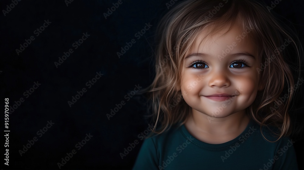 Mixed-race toddler girl smiling with dimples, bright eyes against a dark background, cheerful expression, space for text Mixed-race toddler girl smiling with dimples, bright eyes against a dark background, cheerful expression, space for text