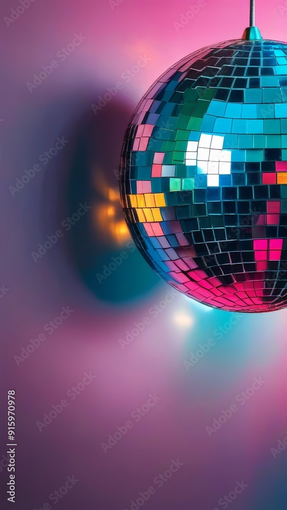 Obraz premium A disco ball is hanging from a wall, with a colorful light shining on it